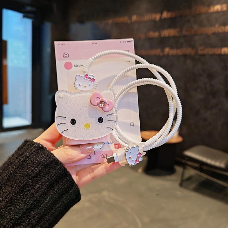Leopard Print Hello Kitty Data Cable Protective Sleeve For Iphone 17 16 15 18/20W Charger Head Protector Cover Anti-Break Rope