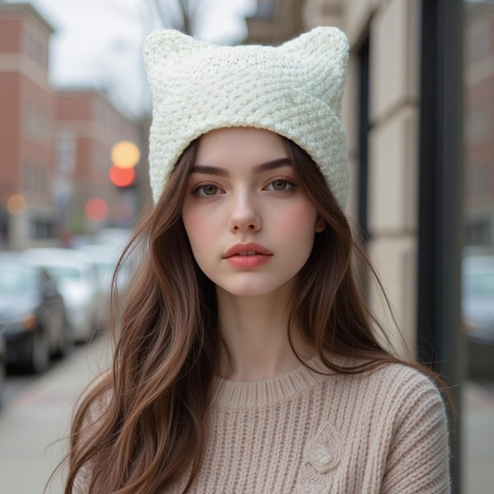 New Cat Ears Japanese Beanie Hat Striped Ins Little Devil Knitted Wool Cap Casual Cute Pointed Pullover Autumn Winter