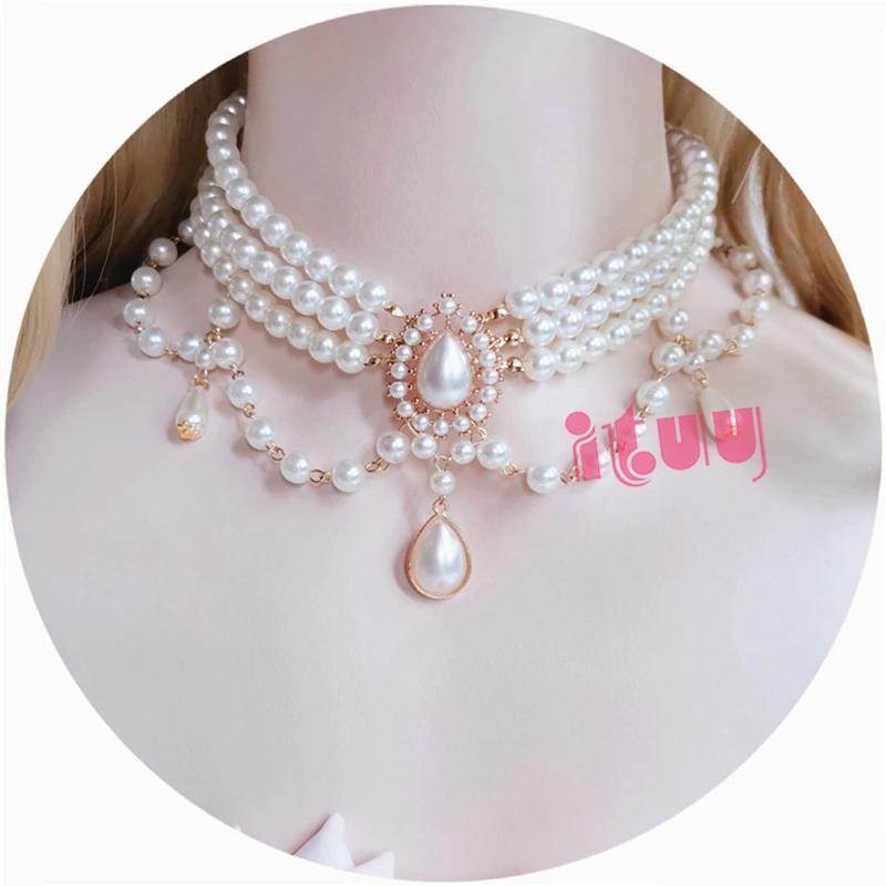 Retro Palace European Lolita Pearl Necklace Clavicle Chain Vintage Gothic Rococo Style Wedding Princess Necklace Accessories