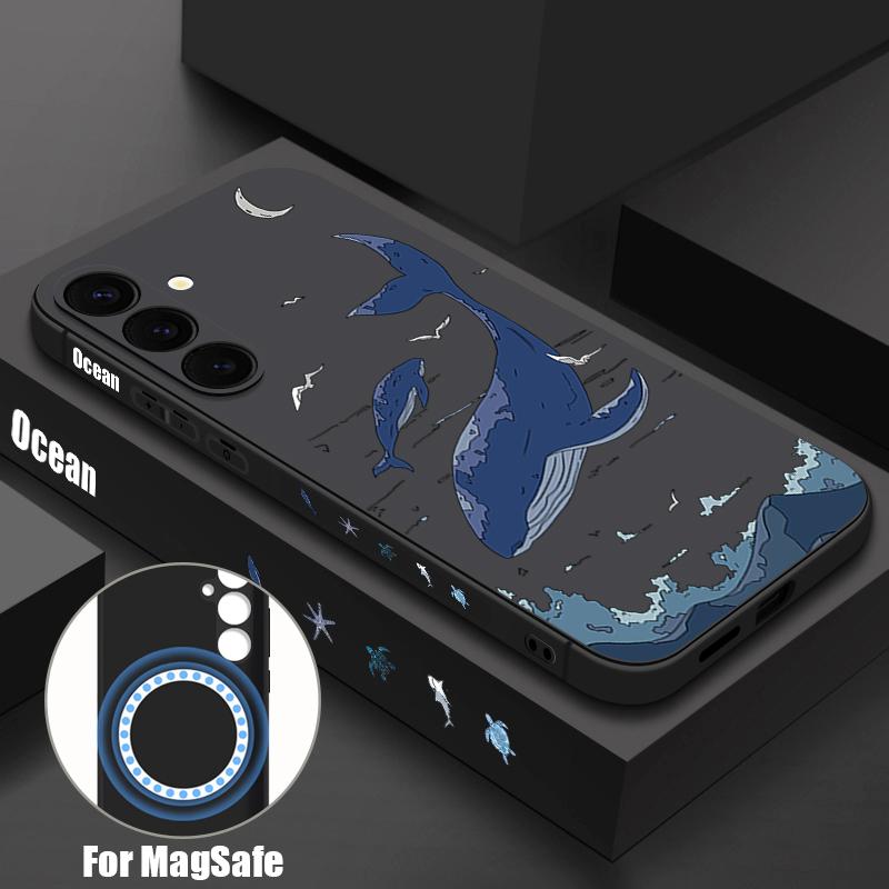 Magnetic Case For Samsung Galaxy S26 S25 S24 Ultra S23 S24 S25 FE For Magsafe Wireless Charge Whale Print Soft TPU Phone Cover