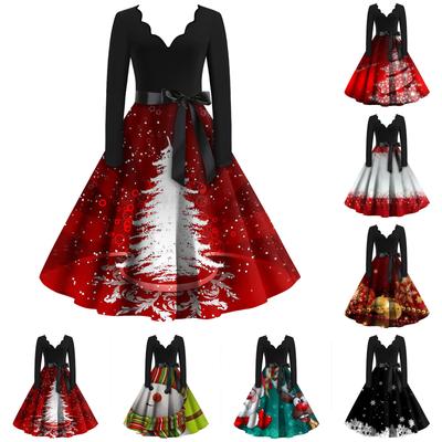 Women's Fashion V-Neck Casual Slim Christmas Printed Long Sleeve Dresses
