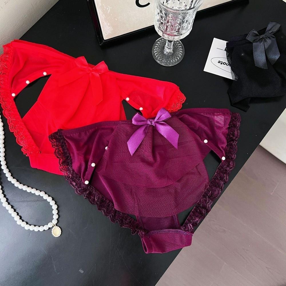 Low Waist Sheer Bow Lace Thong Bowknot Mesh Lace T Panties Lace Underwear  Home
