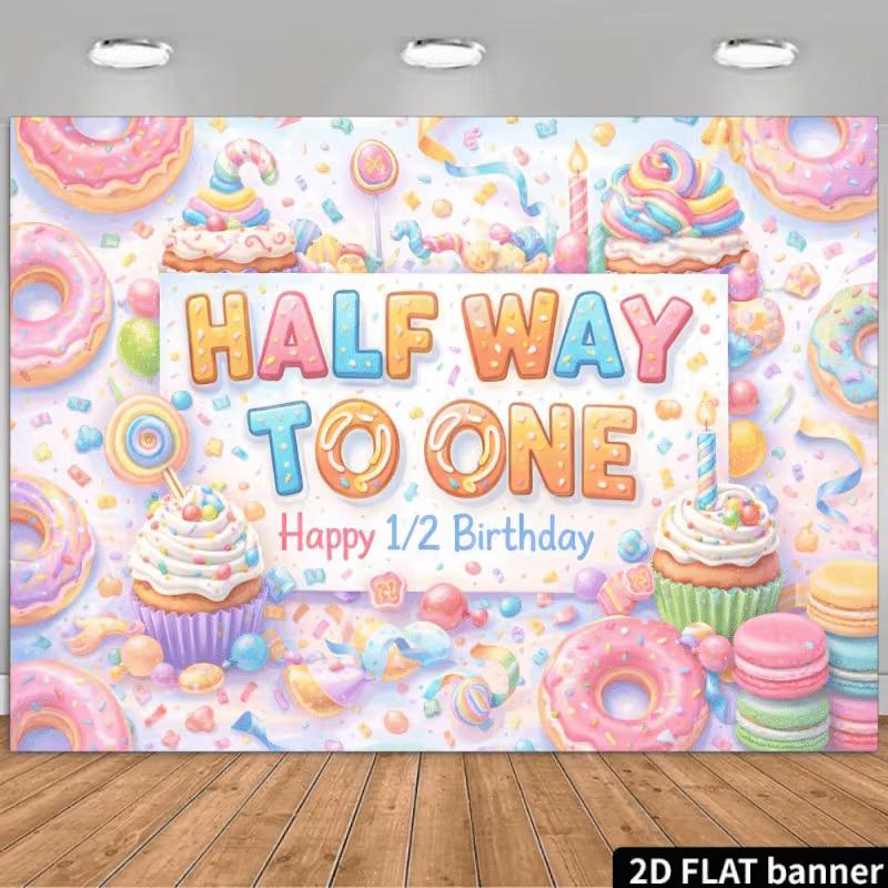 

2D Half Way to One Backdrop Colorful Donut Birthday Background 47.2x31.5inch/120*80cm