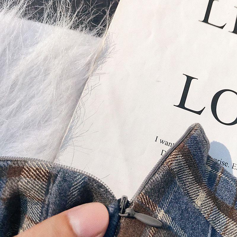 Nowa tweedowa plisowana spódnica w kratę z wysokim stanem, w kształcie litery A, cienka, w dużym rozmiarze, pół ciała