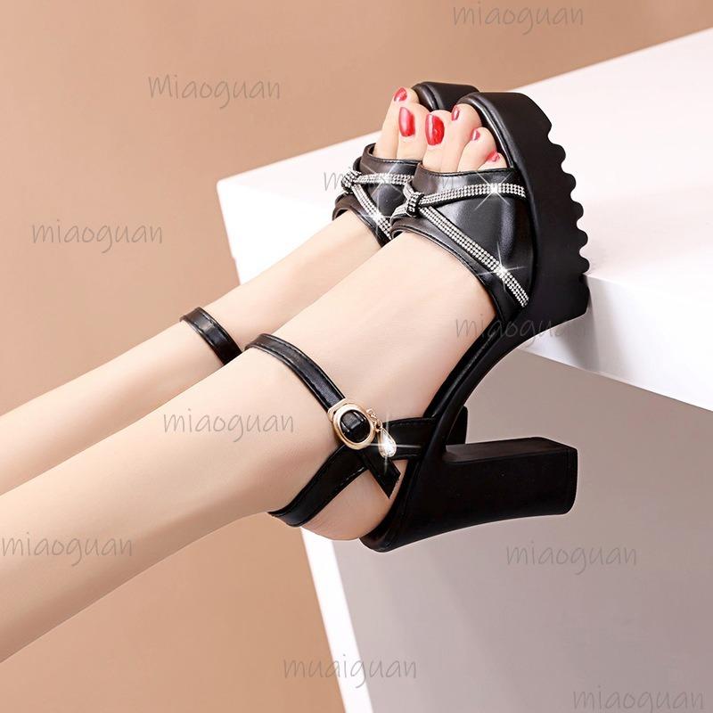 Damen Sandalen mit Strasssteinen, klobigem Absatz und Plateau, Knöchelriemen, offene Zehenpartie, hohe Absätze, rutschfeste dicke Sohle, Sommersandalen für Damen