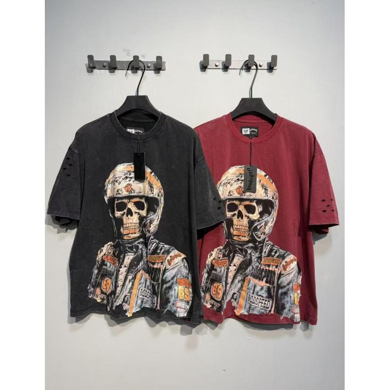 Mens Oversized Graphic Tee With Skull Print Washed Vintage Cotton T-Shirt Loose Fit Short Sleeve Crew Neck