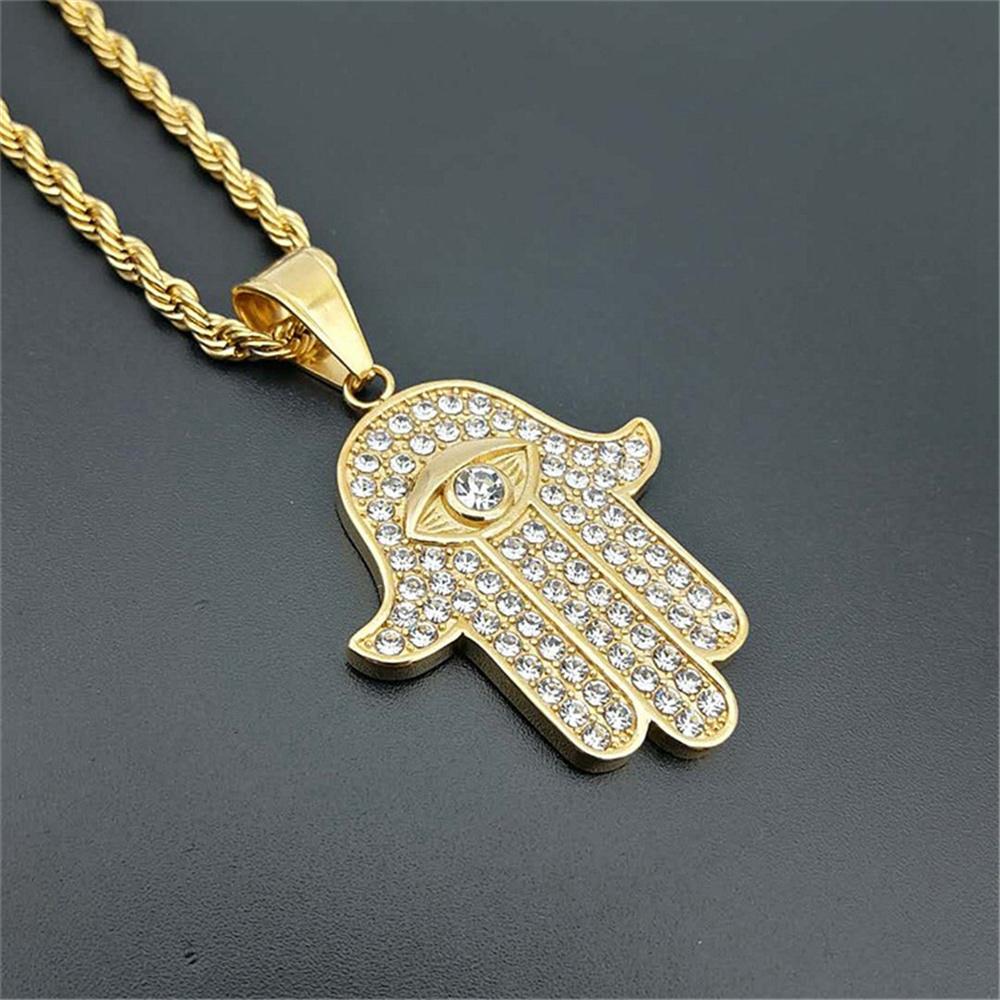 Pendentif Œil Turc Main de Fatima Couleur Or Acier Inoxydable Palmier Iced Out Amulette Collier Pour Hommes Femmes Bijoux Cadeau