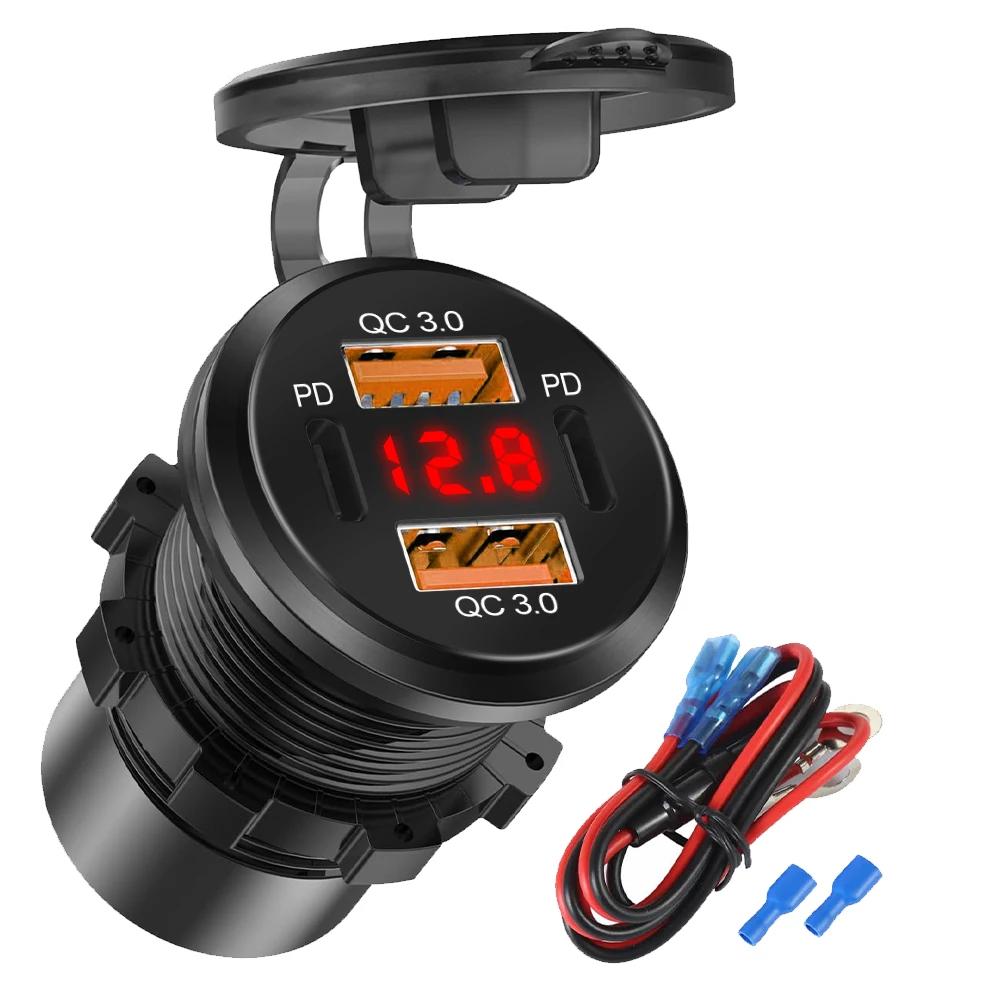 NEW 12-24V 96W Car Charger Power Outlet Socket Dual QC3.0 USB & Dual PD3.0 Fast Charging Outlet with LED Voltmeter Adapter