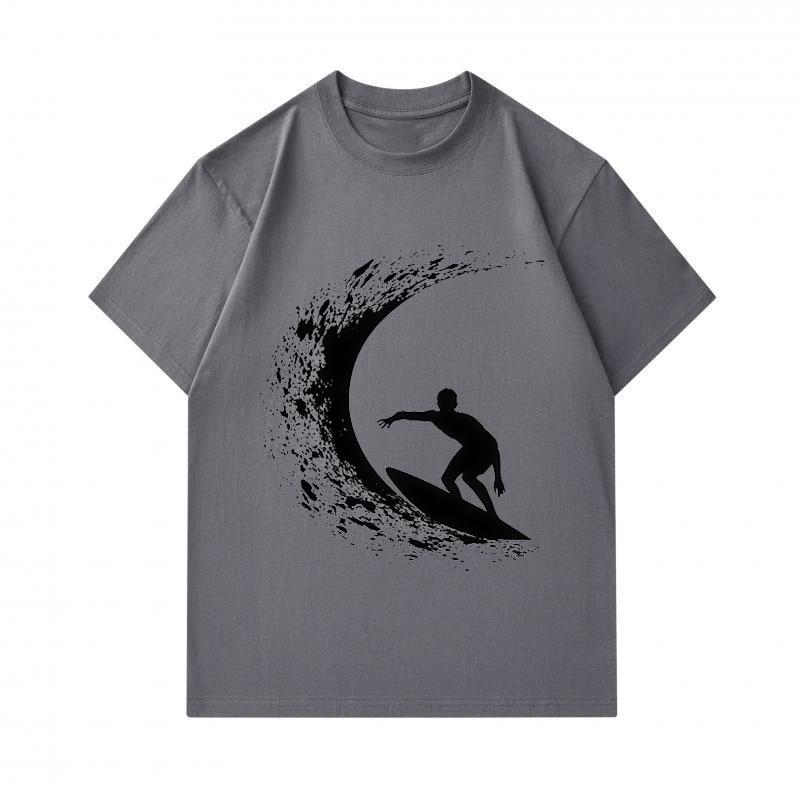 Men's 100% Cotton Crew Neck Short Sleeve T-Shirt, Surfing Silhouette Wave Graphic Print Casual Summer Breathable Soft Tee for Daily Outdoor Surf Sport