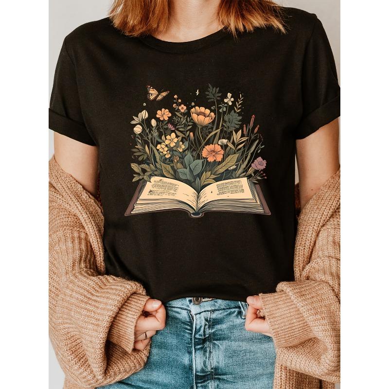Book Lover Print Crew Neck T-shirt, Short Sleeve Casual Top For Summer & Spring, Women's Clothing