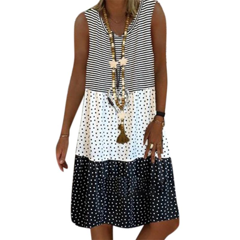 Fashion 3-color splicing printing V-neck sleeveless dress women s fashion versatile S