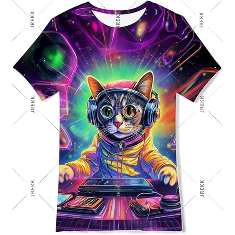 Neon Hip Hop Kat T-shirt Voor Mannen Carnavalsfeest Ronde Hals Korte Mouw T-shirts Hip Hop Straat 2025 Zomer Trend Sterren Ruimte Tee