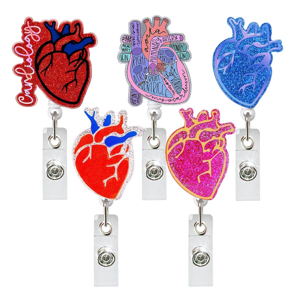 5Pcs Heart-shaped Acrylic Badge Reel Secure Nurse Badge Holder Clips Convenient Easy Pull Button Cord for Doctor Student