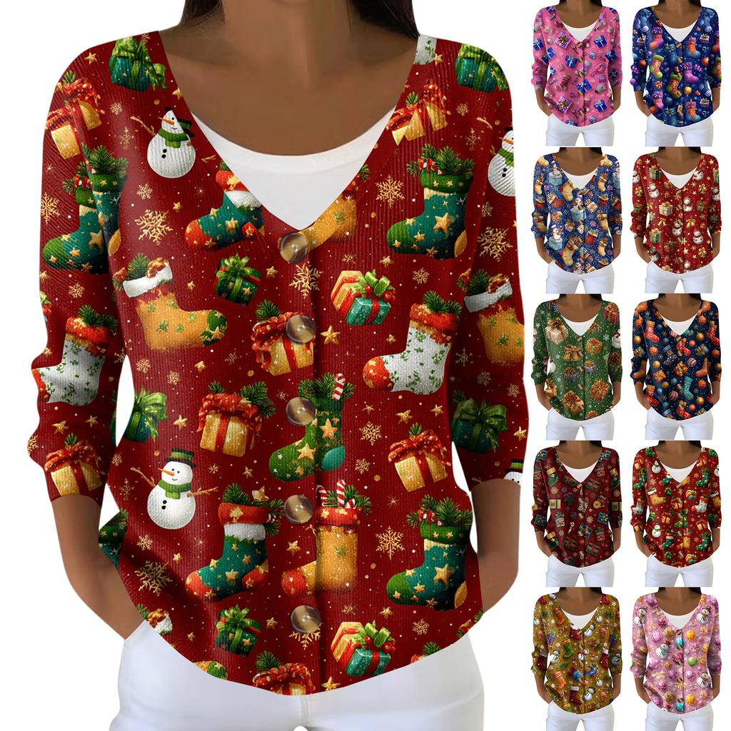 Women's Fashion Long Sleeve Christmas Snowman Snowflake Print Jacket Cardigan