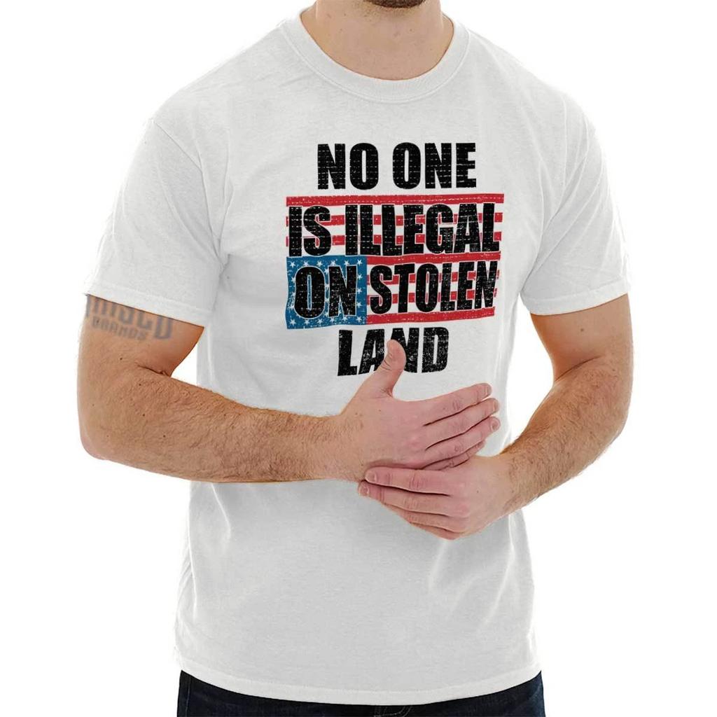 No One Is Illegal On Stolen Land USA Flag Womens or Mens Crewneck 100% Cotton T-shirt Mens Tees Top Tee