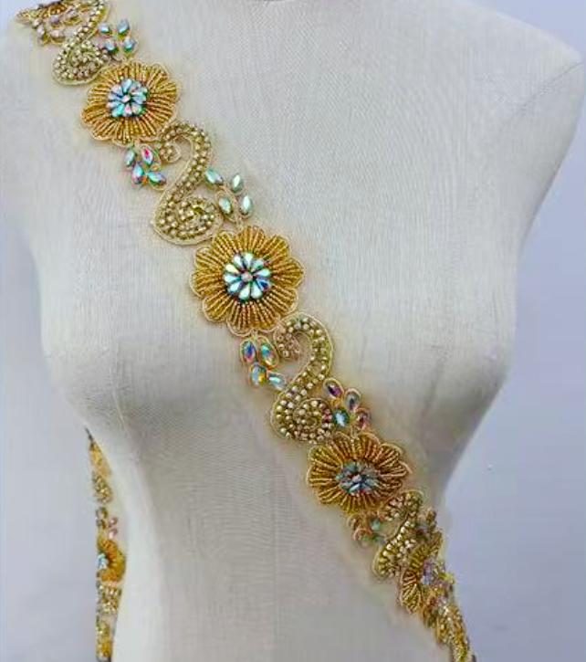 RM-801 Handmade Rhinestone Lace Trim Applique Sequin Beaded Trim for Dress