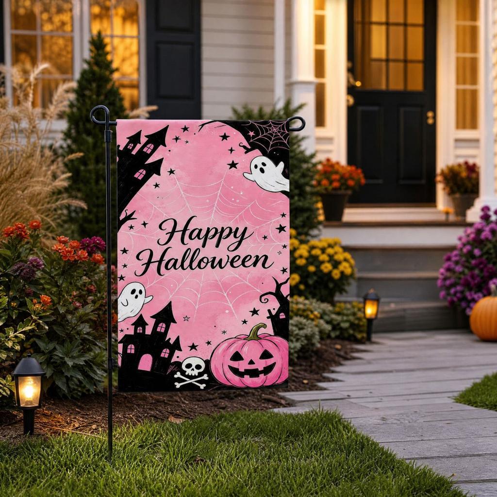 Halloween Double Sided Yard Flag with Pumpkin House Design for Outdoor Porch Decor