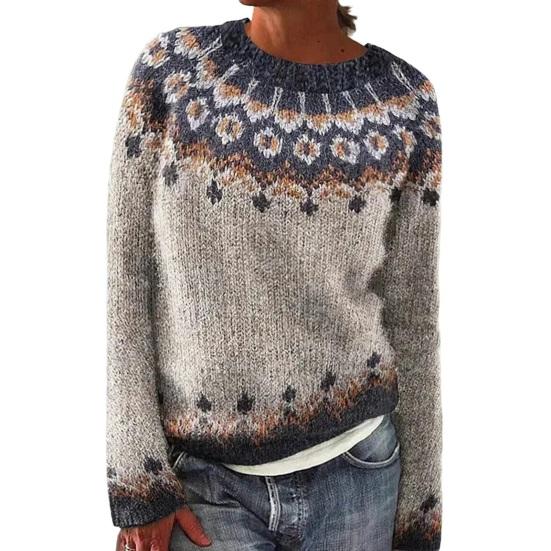 Women Sweater Round Neck Long Sleeve Patchwork Color Knitting Tops Loose Hem Printed Knitwear Winter Wear