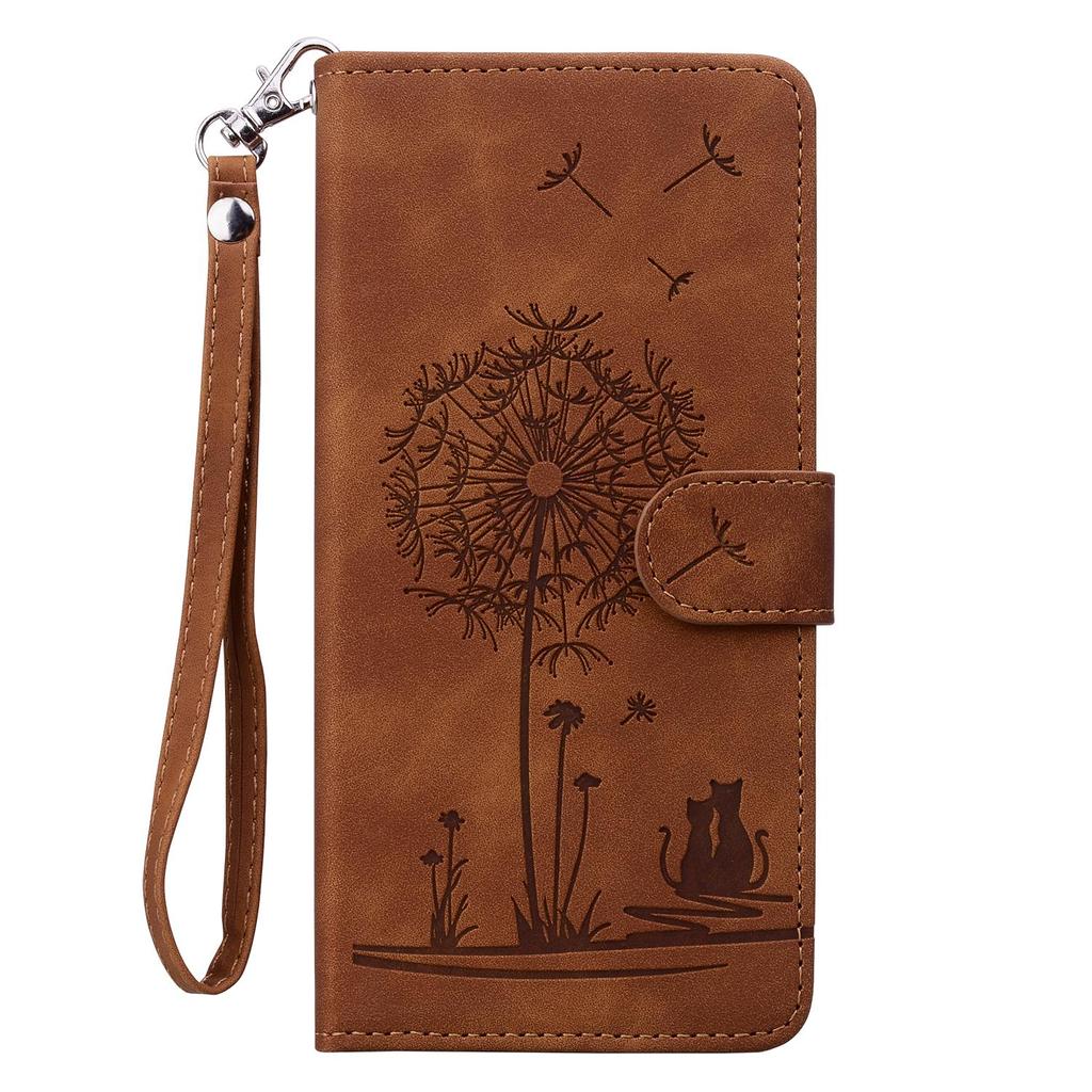 Wrist Strap 3D Emboss Flower Cat Leather Phone Wallet Case Book Kickstand For iPhone 16 15 Pro Samsung Redmi Google Oppo Magnetic Card Slot Flip Cover