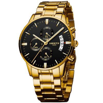 NIBOSI Business Big Metal Stainless Day Gift Men's Watch, Gold, Face, Chronograph, Analog, Stylish, Casual, Band, Steel, Black, Date, Fluorescent,