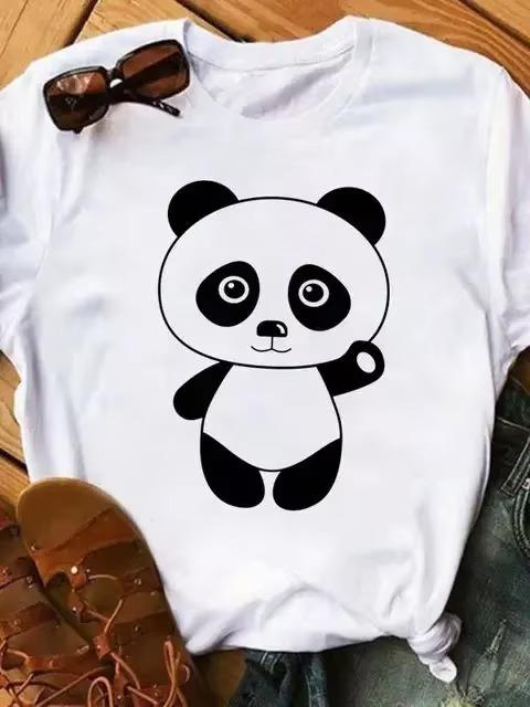 Cute Panda Graphic T Shirt Unisexs Classic American Fashion Heart Print Short Sleeve Summer Weekend Casual Tops