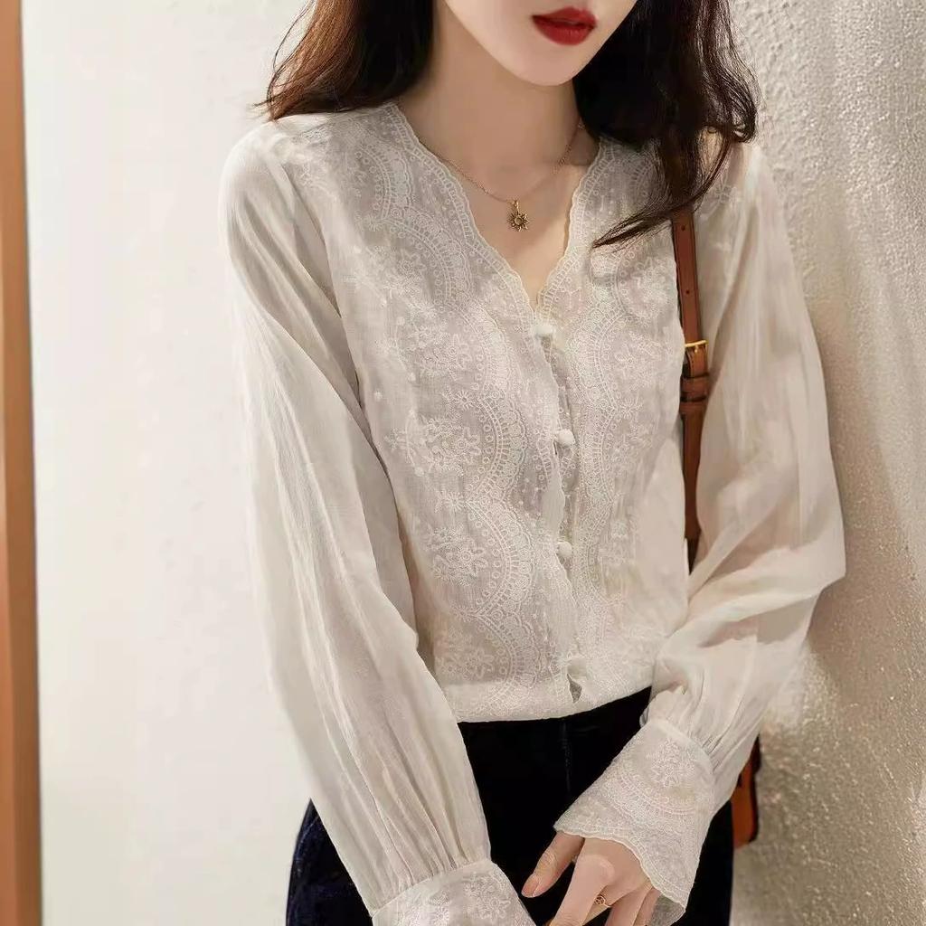 Embroidery Flower Lace Women's Embossed Embroidered Refreshing Ramie Shirt Long Sleeves