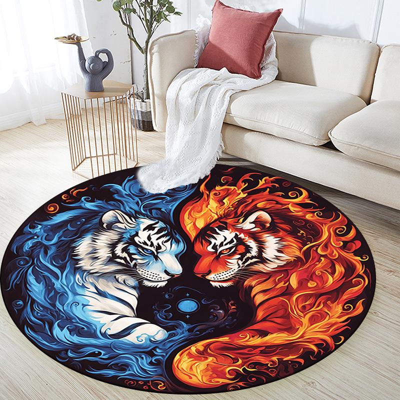Yin Yang Tiger Round Area Rug,Carpet Rug for Living Room Bedroom Sofa Playroom Decor,Non-slip Floor Mat