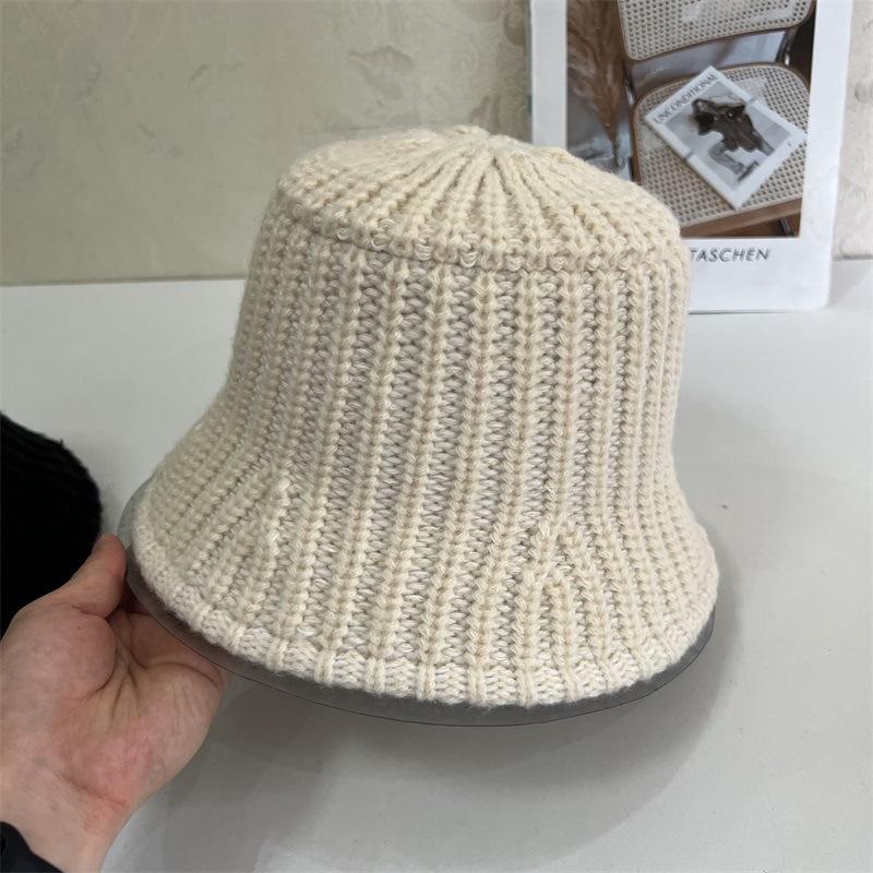 Solid color wool knitted jacquard flat top bucket hat women autumn and winter warm art college wind shade basin hat