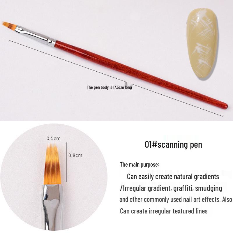 Wooden Handle Nail Art Pen Set - Brushes for Salons, Liner, Round Head, Gel Polish, Carving, Gradient, Smudge.