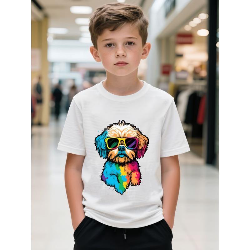 European Size Boys Round-neck Short-sleeved T-shirt with Dog Wearing Sunglasses Pattern Print
