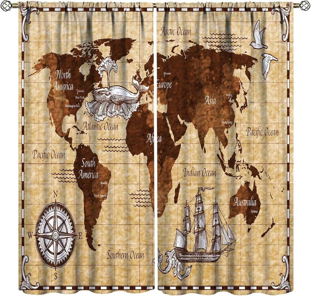 Tende con Mappa del Mondo Antica Mappa del Vecchio Mondo Retro Vintage Nostalgica Stampa Artistica Tenda con Tasca per Asta per Camera da Letto Soggiorno Casa