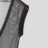 INCERUN Men Deep V Neck Sleeveless Crochet Hem Stitching Mesh Tank Tops