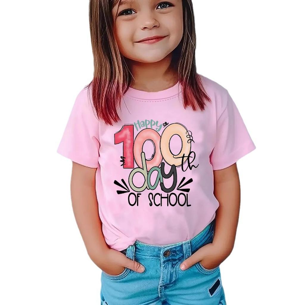 Girls' Leisure 100DAY Letter Pattern T-shirt - Summer Children's Fashion Short-Sleeved T-shirt