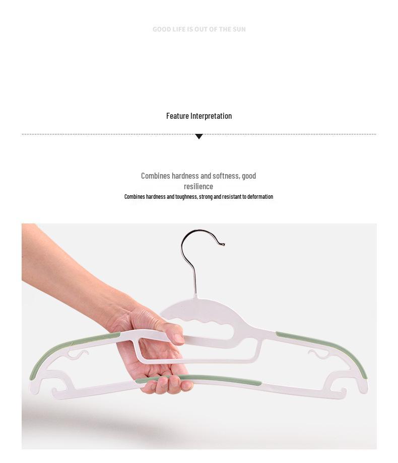 Non-slip, no-mark, reinforced plastic clothes hanger with no shoulder bumps for home use and air drying.