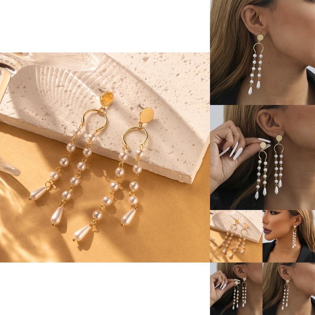 Elegant Asymmetric Tassel Earrings With Faux Pearl Geometric Design For Women