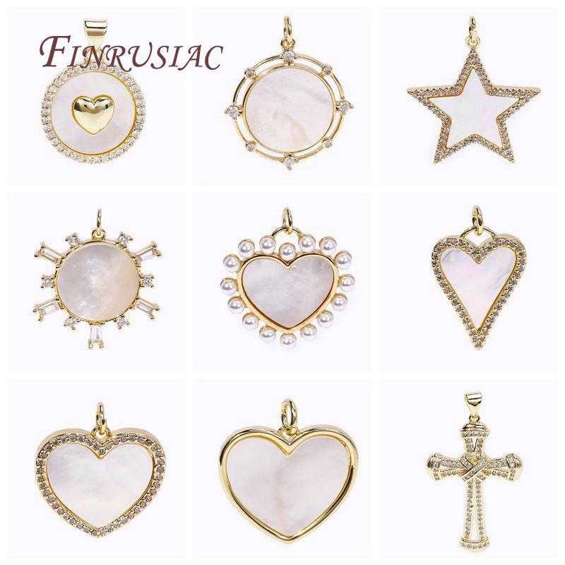 Trendige Messing mit Strasssteinen Stern/Rund Form Anhänger 18 Karat Vergoldet Inlay Natürliche Muscheln Anhänger DIY Schmuckherstellung Zubehör