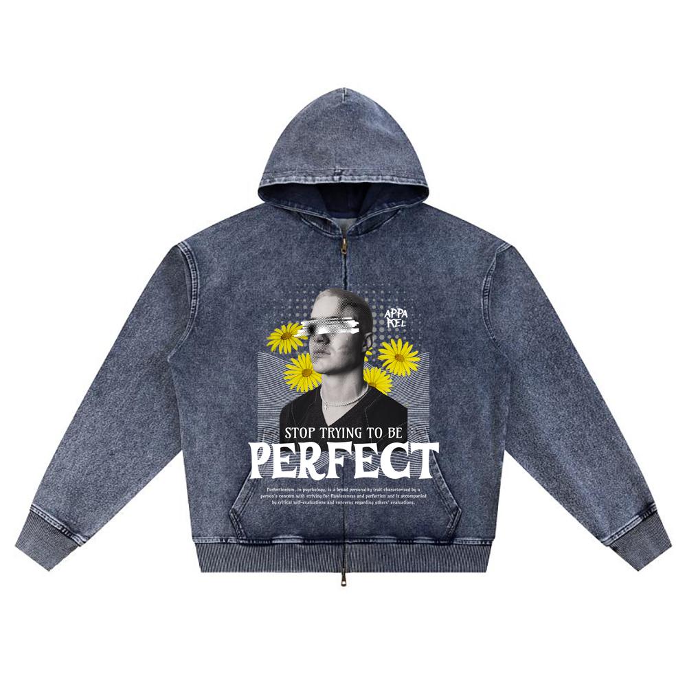

DTG print Knitted Denim Zip-Up Hoodie Trying to be perfect Brother Print Zipper Hoodies XL темно-синий