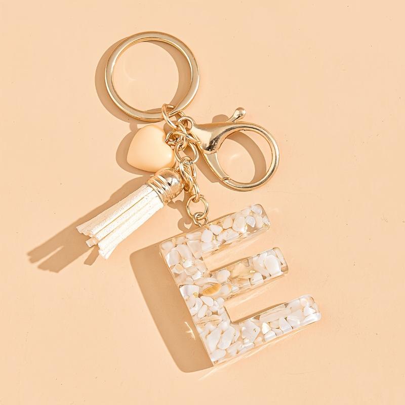 26 Iniciais Alfabeto A a Z Chaveiro de Letra Borla em Forma de Coração Bege Argolas de Chave Moda Enfeite Pendurado para Bolsa Bugiganga de Carro Presentes