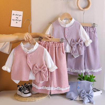 Set da 3 pezzi a maniche lunghe per bambine di 0-5 anni, Gilet smanicato con papillon da bambina, Top a camicia con bordo in pizzo, Pantaloni casual abbinati, Vestiti carini per bambini