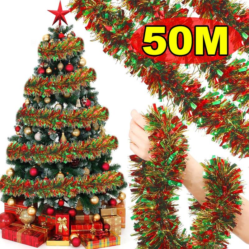 2/50M Christmas Tinsel Garlands Decoration Bar Tops Red Green Wreath Xmas Tree Ornaments Party Home Staircase Decor Pendant Prop