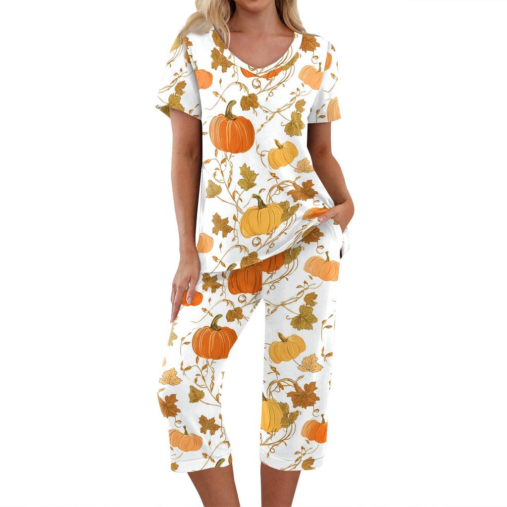 Damen Halloween Zweiteiliges Outfit Set - Lässiges Kurzarm-Oberteil und Bedruckte Hose, Bequeme Sportbekleidung für Feiertagspartys