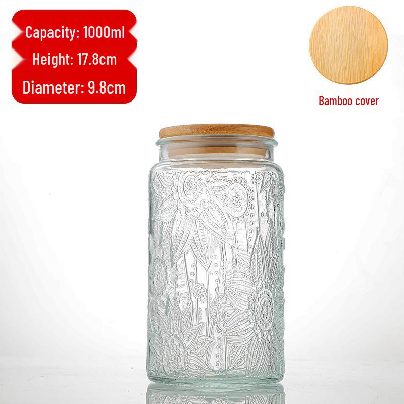 Cylindrical Embossed Glass Storage Jar with Wooden Lid for Dried Fruits and Grains