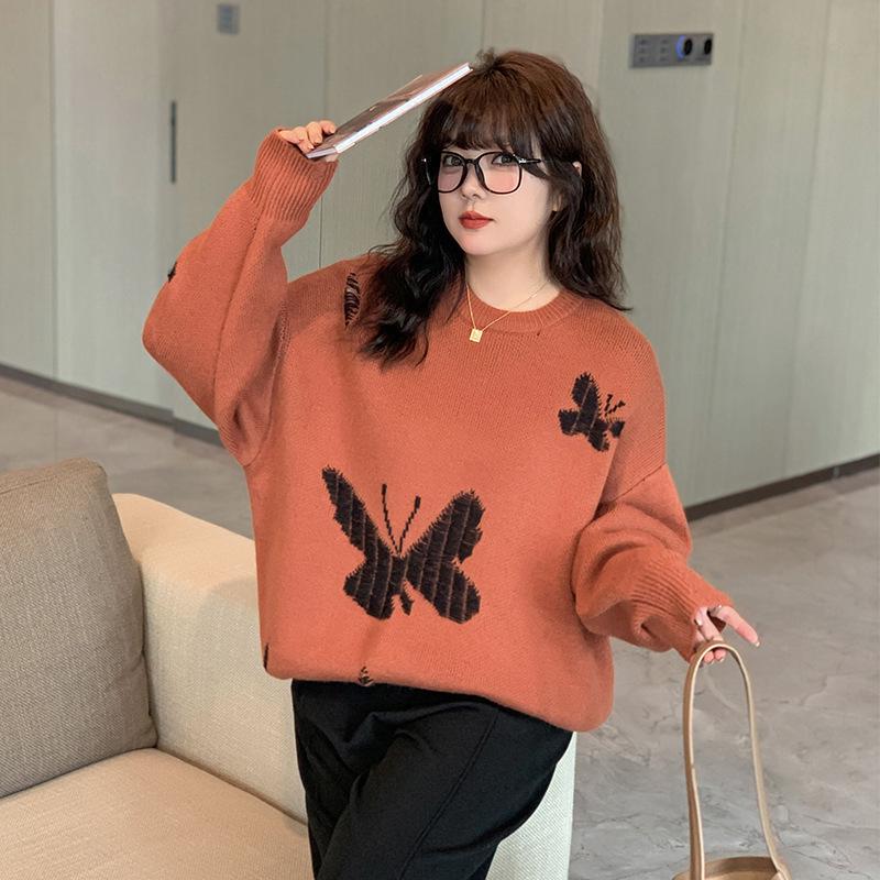 XHK2568 Plus Size Women's Winter Sweater - Hollow Out Butterfly Design, Soft and Cozy