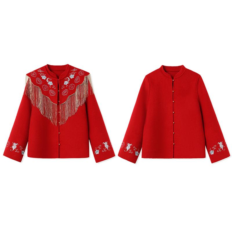 Winter 2026 Red High-End Double-Sided Wool Coat and Skirt Suit for Women, Chinese Style - NY033.