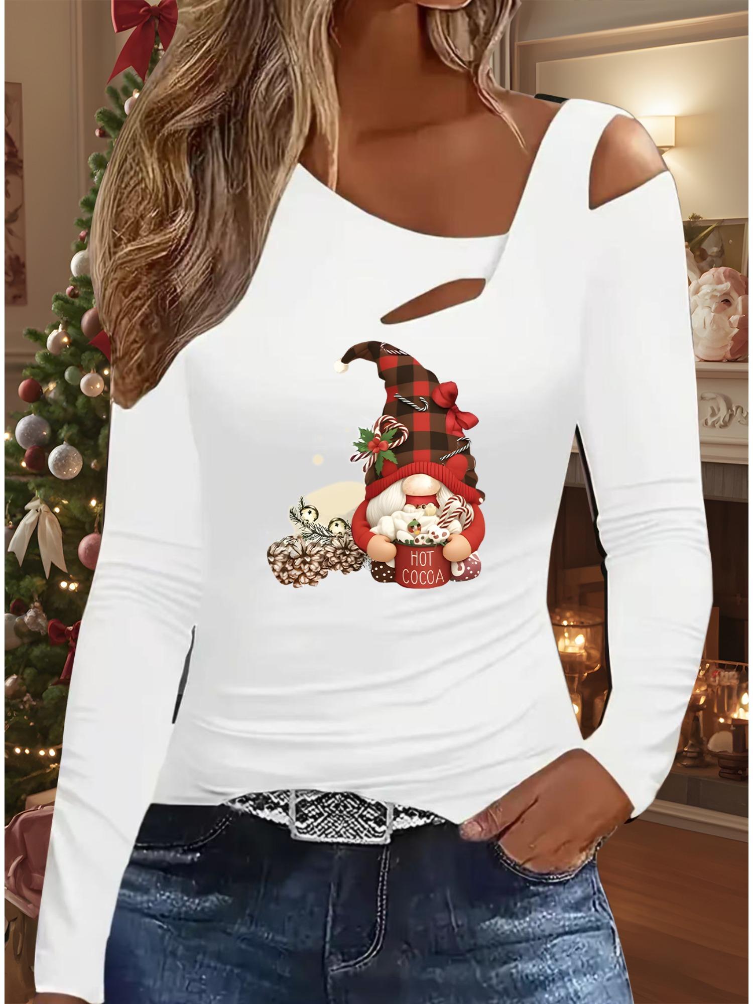 

Осень и Зима Женский Новый Повседневный Топ с Длинным Рукавом Рождественский Узор Идеальный Подарок на Хэллоуин Рождество Футболка XXL белый