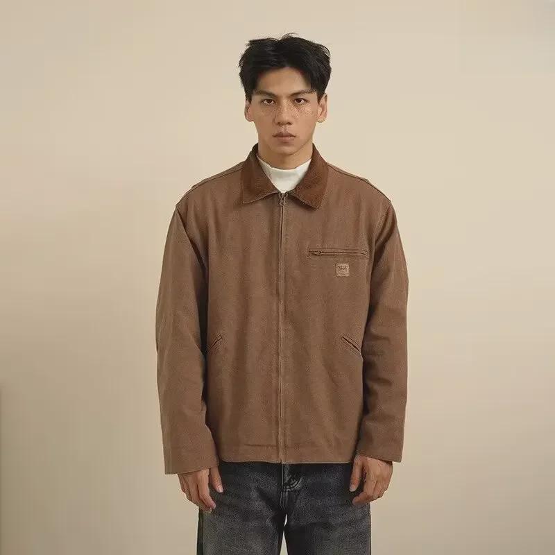 

Американская Ретро Куртка Рабочая с Лацканами - Весна/Осень 2023 Модный Бренд Свободный Хлопковый Топ L коричневый