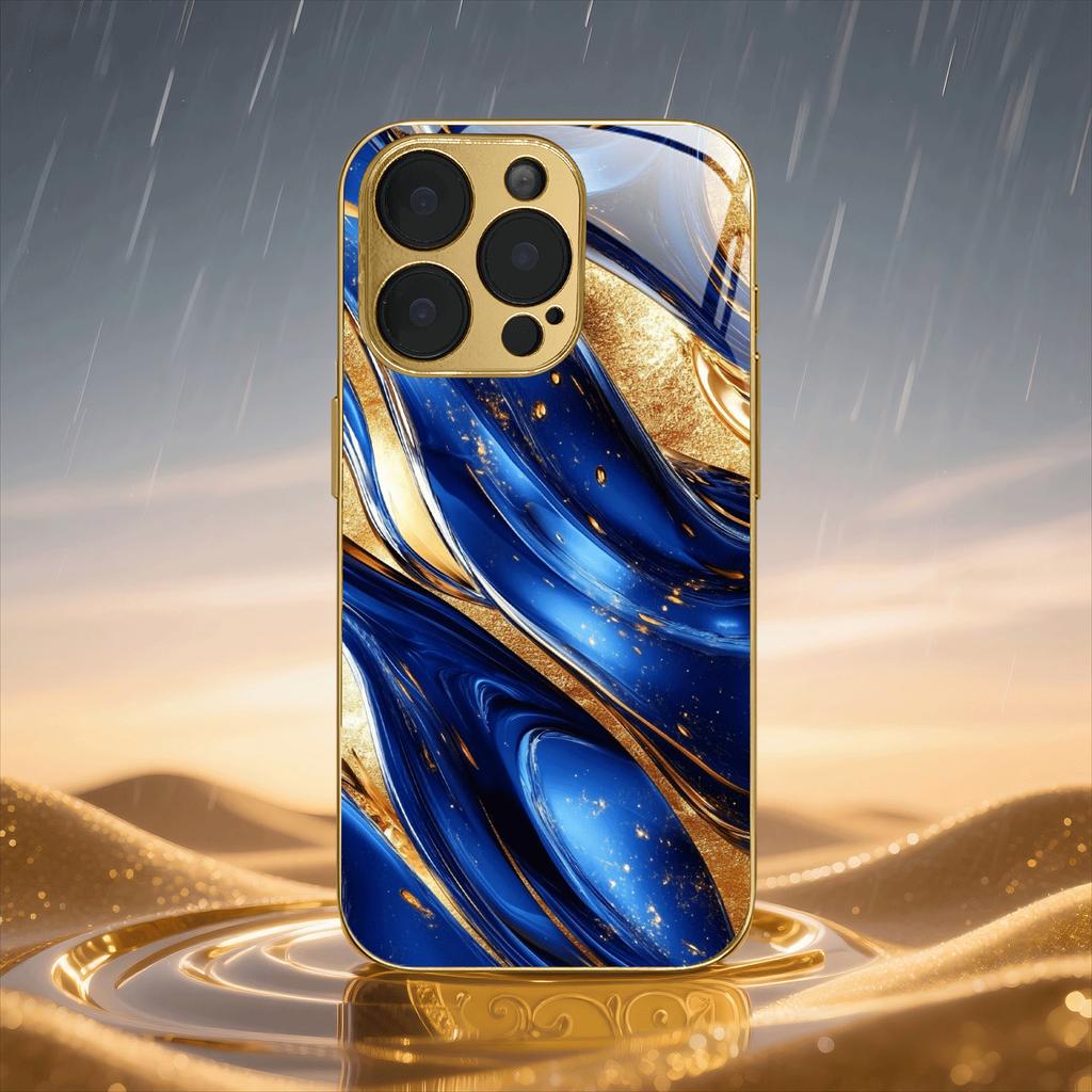 Premium Electroplated Glass Phone Case for iPhone 17 16 15 14 13 12 11 PM Pro Max Plus — Elegant Stylish Blue Gold Color Scheme