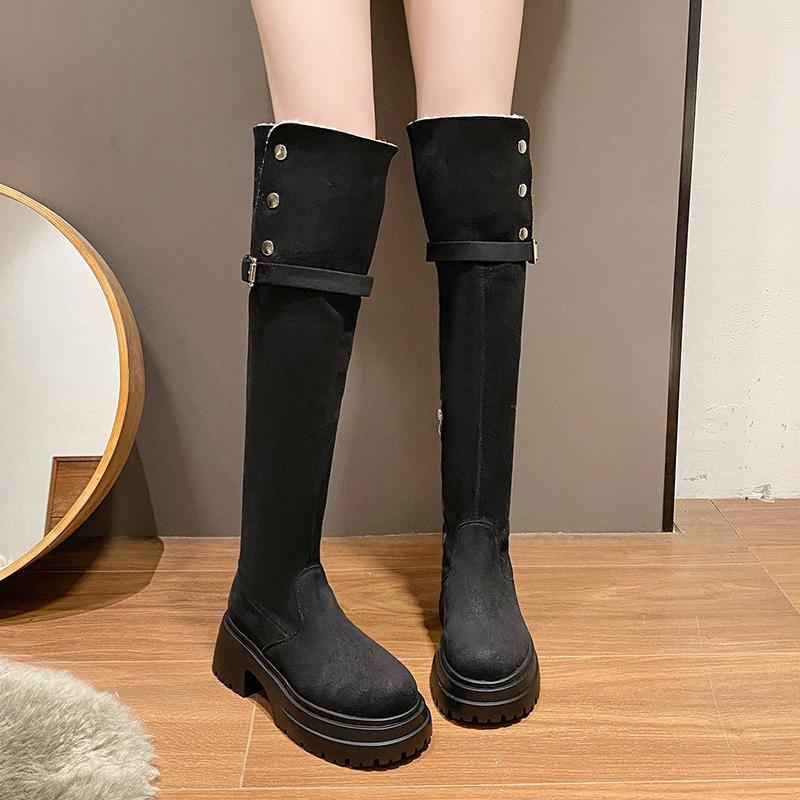 Thick heels and thick soles wear rad over the knee long boots high boots autumn and winter big tube circumference two folds new beautiful woman black