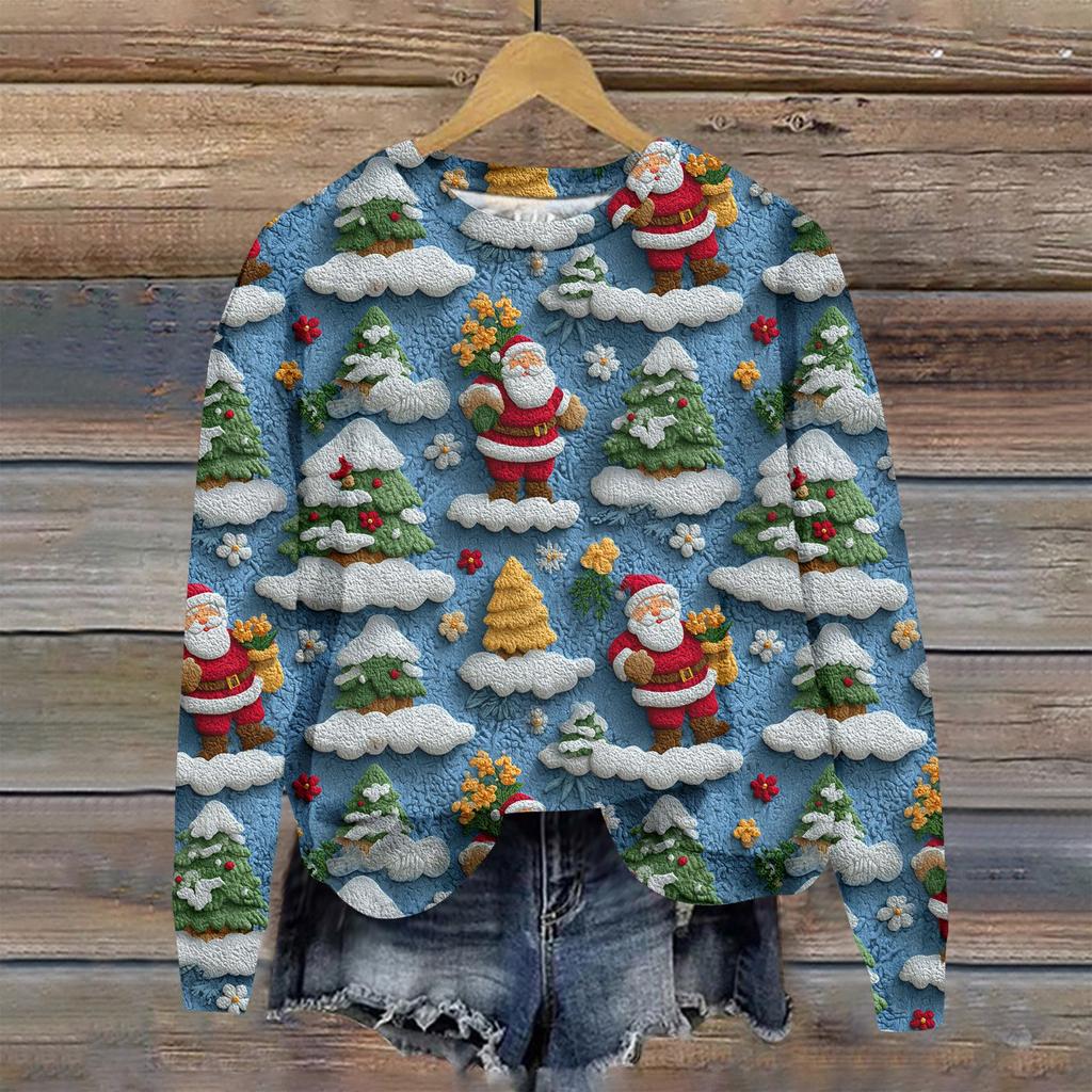 Women's Fashion Christmas Printed Long Sleeve Loose Round Neck Sweatshirt Top