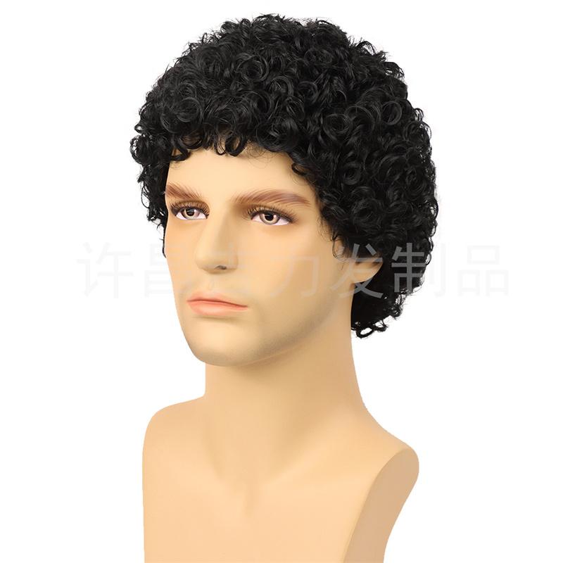 Synthetic Realistic Big Curly Wigs for Men Black Fluffy Elastic Curls Hair Short Afro Wig Daily Breathable Man Wig Daily Cosplay
